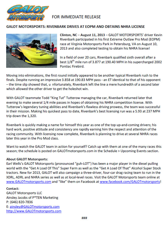 GALOT Motorsports: Rivenbark Drives at EOPM and Obtains NHRA License