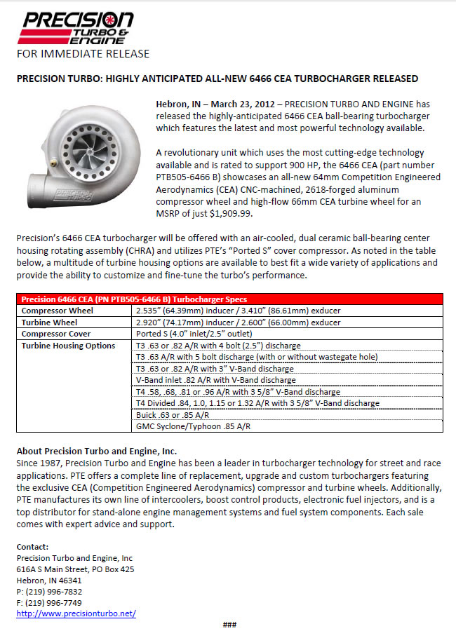 Precision Turbo: Highly Anticipated All-New 6466 CEA® Turbocharger Released